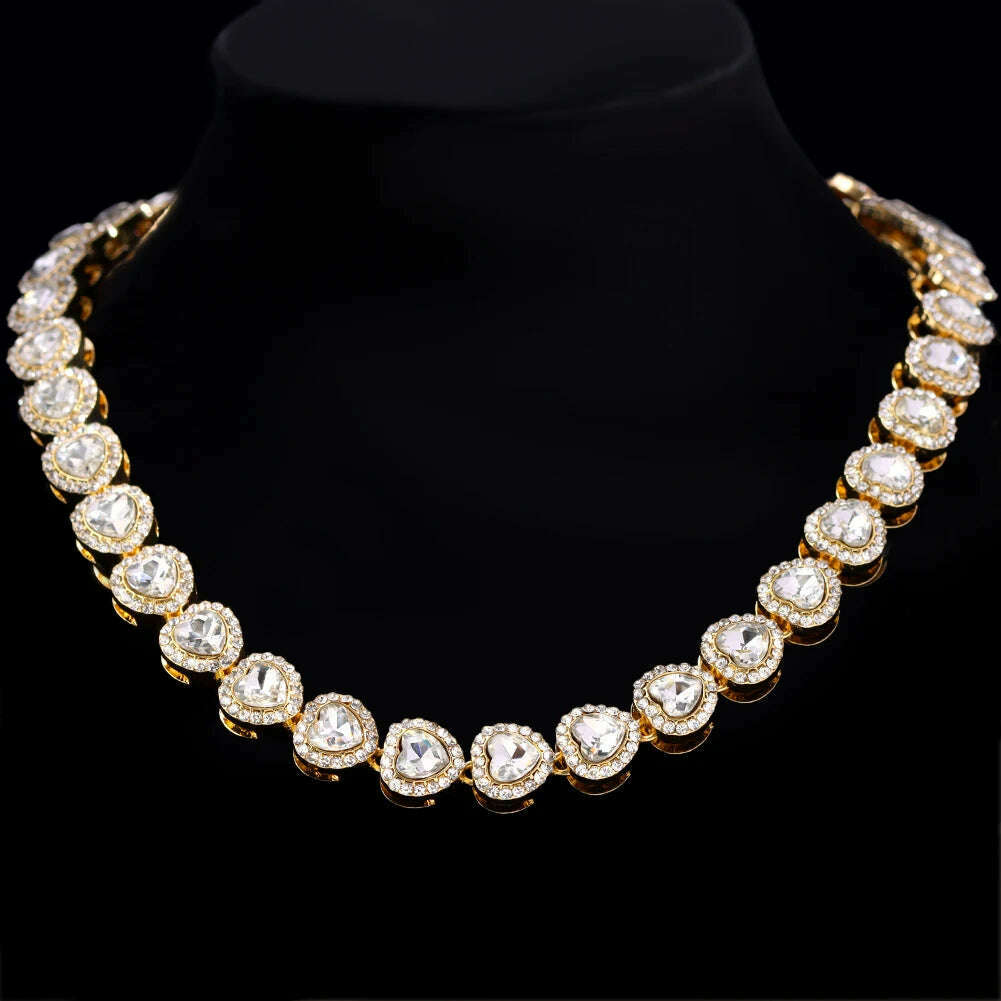 KIMLUD, Hip Hop Iced Out Clustered Tennis Chain Choker Necklace for Women Geometric Round Heart Square Crystal Cuban Link Chain Jewelry, Gold Heart / 16in(41cm) Necklace, KIMLUD APPAREL - Womens Clothes