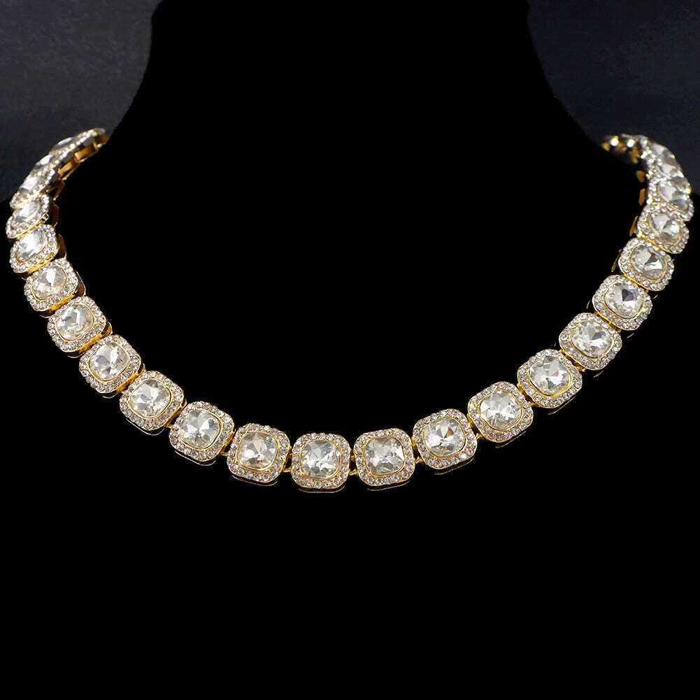 KIMLUD, Hip Hop Iced Out Clustered Tennis Chain Choker Necklace for Women Geometric Round Heart Square Crystal Cuban Link Chain Jewelry, Gold Square / 16in(41cm) Necklace, KIMLUD APPAREL - Womens Clothes