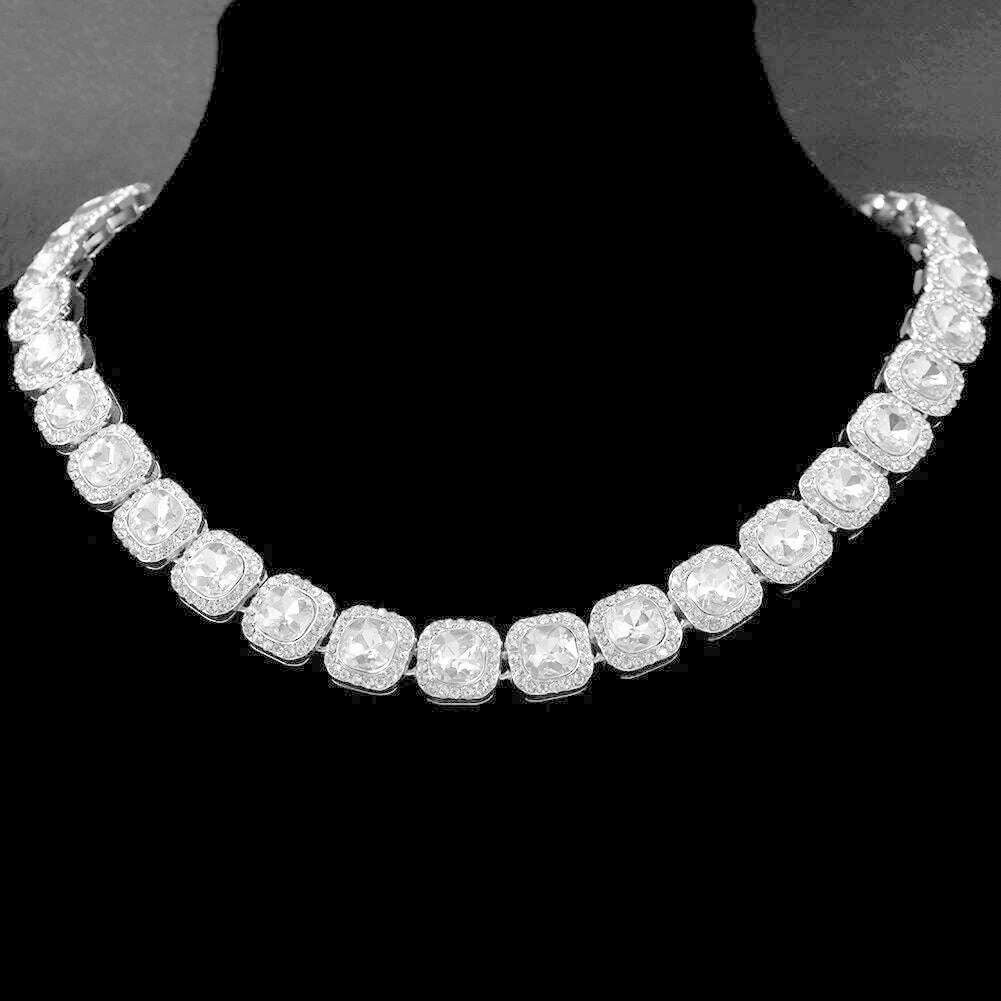 KIMLUD, Hip Hop Iced Out Clustered Tennis Chain Choker Necklace for Women Geometric Round Heart Square Crystal Cuban Link Chain Jewelry, Silver Square / 16in(41cm) Necklace, KIMLUD APPAREL - Womens Clothes