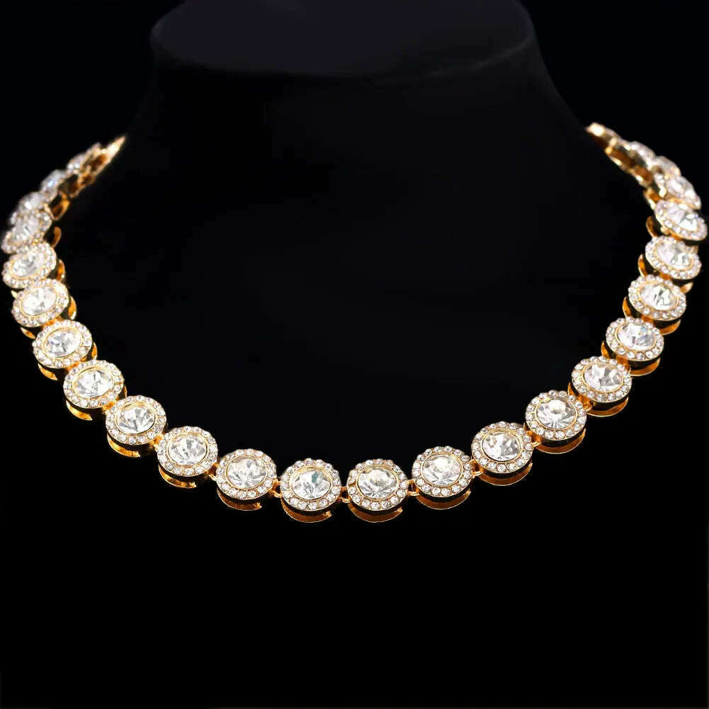 KIMLUD, Hip Hop Iced Out Clustered Tennis Chain Choker Necklace for Women Geometric Round Heart Square Crystal Cuban Link Chain Jewelry, Gold Round / 16in(41cm) Necklace, KIMLUD APPAREL - Womens Clothes