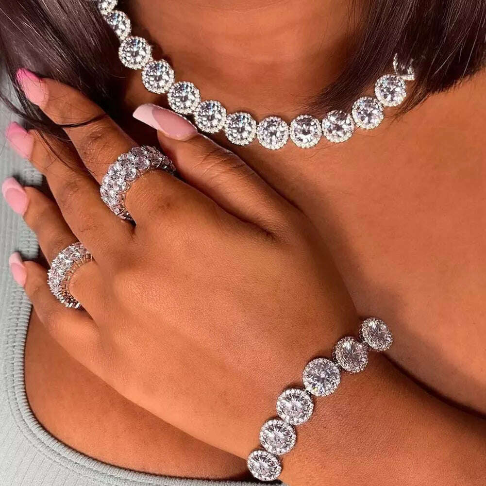 KIMLUD, Hip Hop Iced Out Clustered Tennis Chain Choker Necklace for Women Geometric Round Heart Square Crystal Cuban Link Chain Jewelry, KIMLUD Womens Clothes