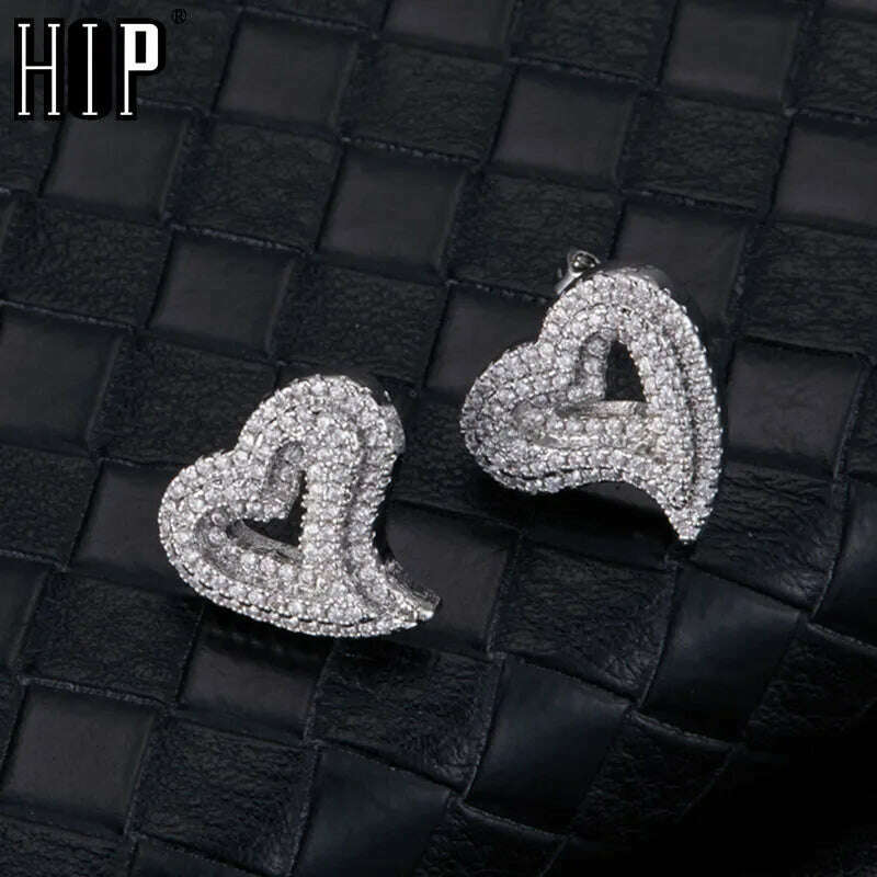 Hip Micro 1Pair Heart Shape Pave Baguette Cubic Zircon Stone Ice out Stud CZ Earring Bling Copper Earrings For Women Men Jewelry, KIMLUD Women's Clothes