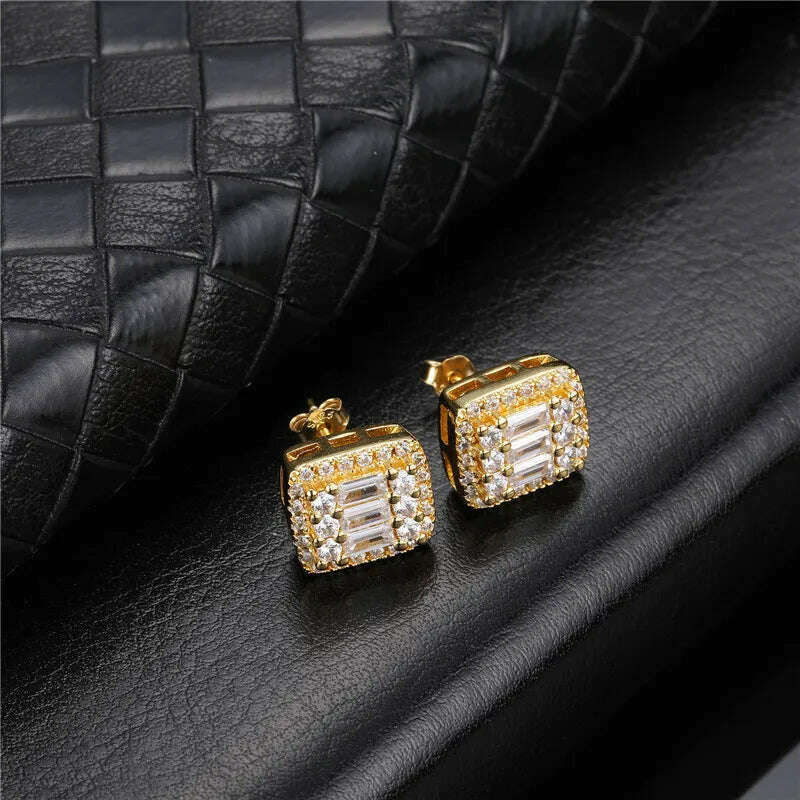 KIMLUD, Hip Micro 1Pair Heart Shape Pave Baguette Cubic Zircon Stone Ice out Stud CZ Earring Bling Copper Earrings For Women Men Jewelry, E00280G / China, KIMLUD Women's Clothes