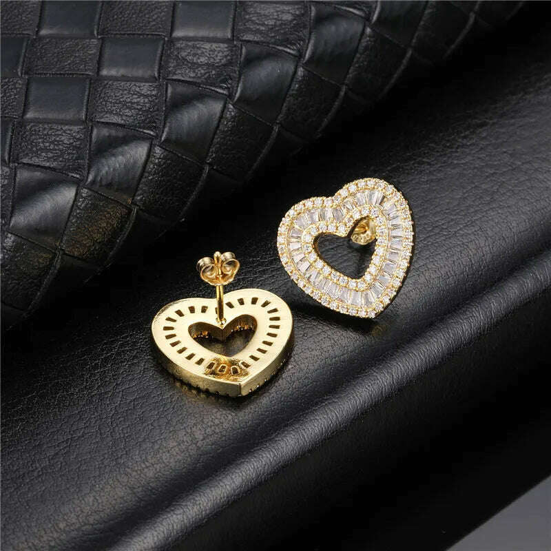 KIMLUD, Hip Micro 1Pair Heart Shape Pave Baguette Cubic Zircon Stone Ice out Stud CZ Earring Bling Copper Earrings For Women Men Jewelry, E00281G / China, KIMLUD Women's Clothes