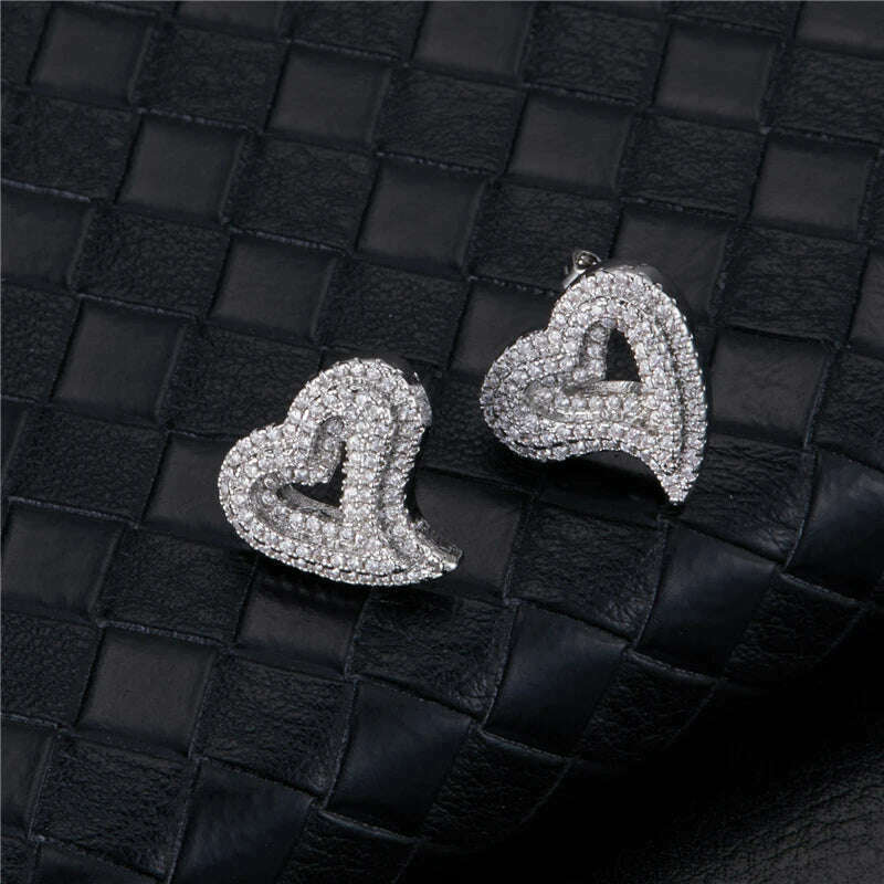 KIMLUD, Hip Micro 1Pair Heart Shape Pave Baguette Cubic Zircon Stone Ice out Stud CZ Earring Bling Copper Earrings For Women Men Jewelry, Silver 1 / China, KIMLUD Women's Clothes