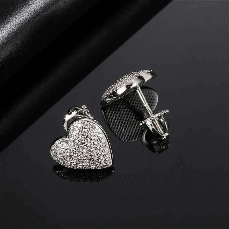 KIMLUD, Hip Micro 1Pair Heart Shape Pave Baguette Cubic Zircon Stone Ice out Stud CZ Earring Bling Copper Earrings For Women Men Jewelry, Silver / China, KIMLUD Women's Clothes