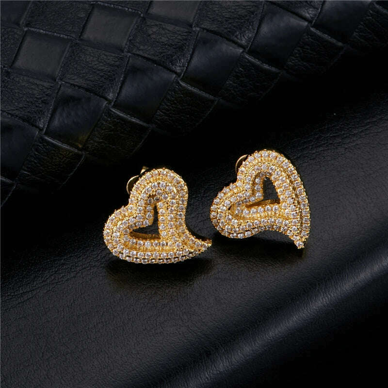 KIMLUD, Hip Micro 1Pair Heart Shape Pave Baguette Cubic Zircon Stone Ice out Stud CZ Earring Bling Copper Earrings For Women Men Jewelry, Gold 1 / China, KIMLUD Womens Clothes
