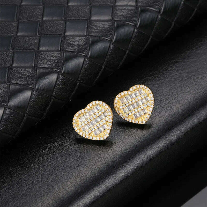 KIMLUD, Hip Micro 1Pair Heart Shape Pave Baguette Cubic Zircon Stone Ice out Stud CZ Earring Bling Copper Earrings For Women Men Jewelry, E00282G / China, KIMLUD Women's Clothes