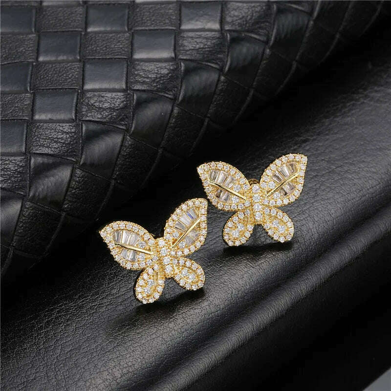KIMLUD, Hip Micro 1Pair Heart Shape Pave Baguette Cubic Zircon Stone Ice out Stud CZ Earring Bling Copper Earrings For Women Men Jewelry, E00279G / China, KIMLUD Women's Clothes