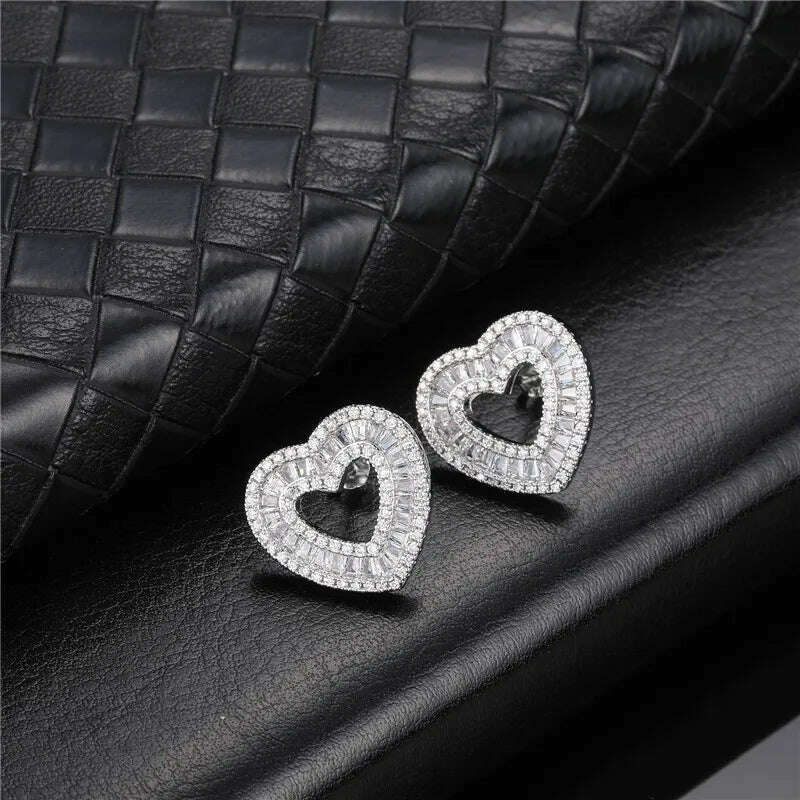 KIMLUD, Hip Micro 1Pair Heart Shape Pave Baguette Cubic Zircon Stone Ice out Stud CZ Earring Bling Copper Earrings For Women Men Jewelry, E00281S / China, KIMLUD Womens Clothes