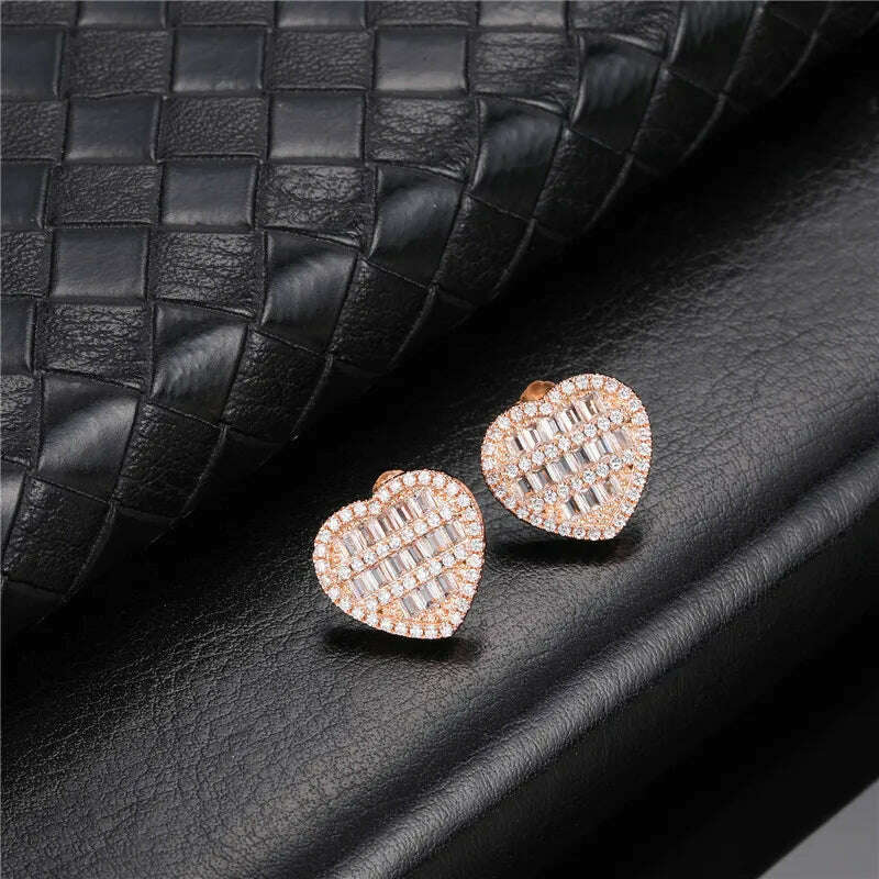 KIMLUD, Hip Micro 1Pair Heart Shape Pave Baguette Cubic Zircon Stone Ice out Stud CZ Earring Bling Copper Earrings For Women Men Jewelry, E00282R / China, KIMLUD Women's Clothes