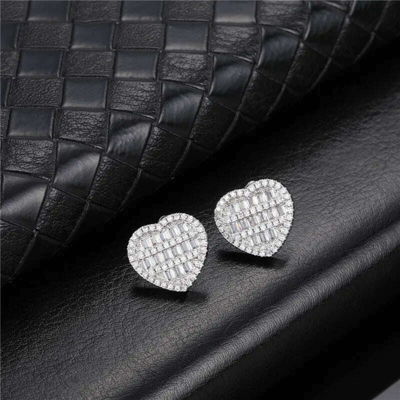 KIMLUD, Hip Micro 1Pair Heart Shape Pave Baguette Cubic Zircon Stone Ice out Stud CZ Earring Bling Copper Earrings For Women Men Jewelry, E00282S / China, KIMLUD Women's Clothes