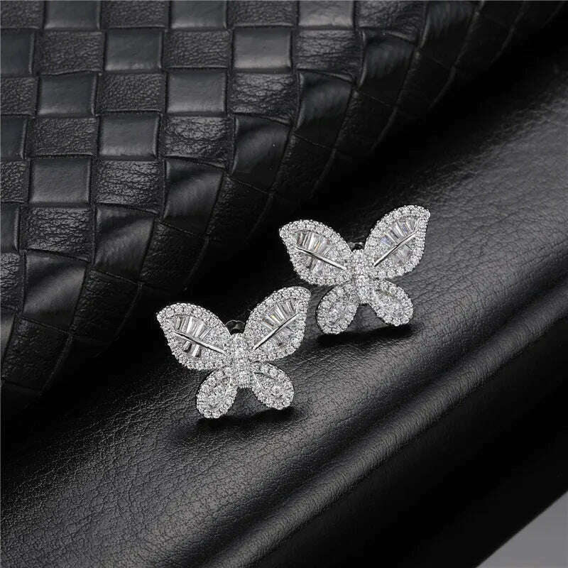 KIMLUD, Hip Micro 1Pair Heart Shape Pave Baguette Cubic Zircon Stone Ice out Stud CZ Earring Bling Copper Earrings For Women Men Jewelry, E00279S / China, KIMLUD Women's Clothes