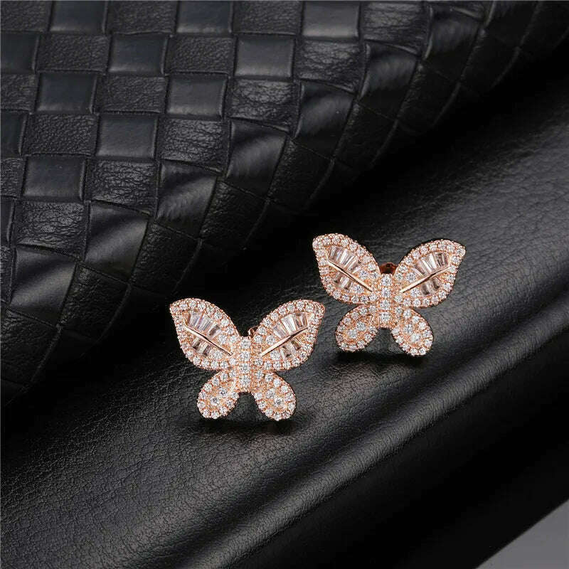 KIMLUD, Hip Micro 1Pair Heart Shape Pave Baguette Cubic Zircon Stone Ice out Stud CZ Earring Bling Copper Earrings For Women Men Jewelry, E00279R / China, KIMLUD Womens Clothes