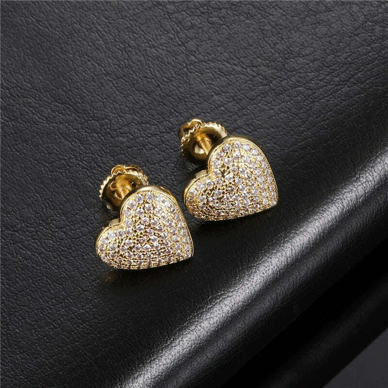 KIMLUD, Hip Micro 1Pair Heart Shape Pave Baguette Cubic Zircon Stone Ice out Stud CZ Earring Bling Copper Earrings For Women Men Jewelry, Gold / China, KIMLUD Women's Clothes
