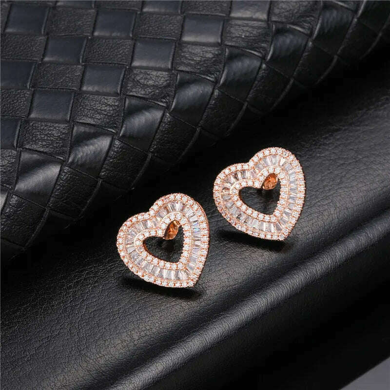 KIMLUD, Hip Micro 1Pair Heart Shape Pave Baguette Cubic Zircon Stone Ice out Stud CZ Earring Bling Copper Earrings For Women Men Jewelry, E00281R / China, KIMLUD Women's Clothes