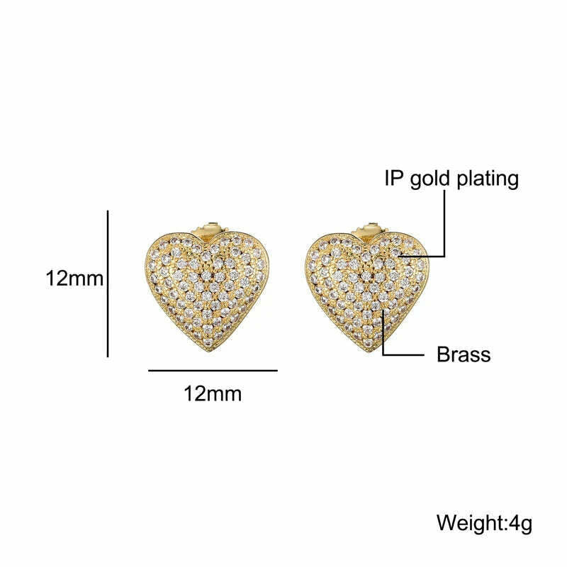 KIMLUD, Hip Micro 1Pair Heart Shape Pave Baguette Cubic Zircon Stone Ice out Stud CZ Earring Bling Copper Earrings For Women Men Jewelry, KIMLUD Womens Clothes