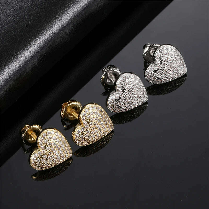 KIMLUD, Hip Micro 1Pair Heart Shape Pave Baguette Cubic Zircon Stone Ice out Stud CZ Earring Bling Copper Earrings For Women Men Jewelry, KIMLUD Womens Clothes