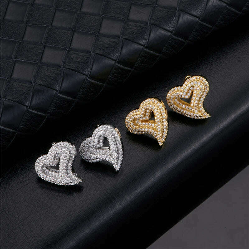 KIMLUD, Hip Micro 1Pair Heart Shape Pave Baguette Cubic Zircon Stone Ice out Stud CZ Earring Bling Copper Earrings For Women Men Jewelry, KIMLUD Women's Clothes