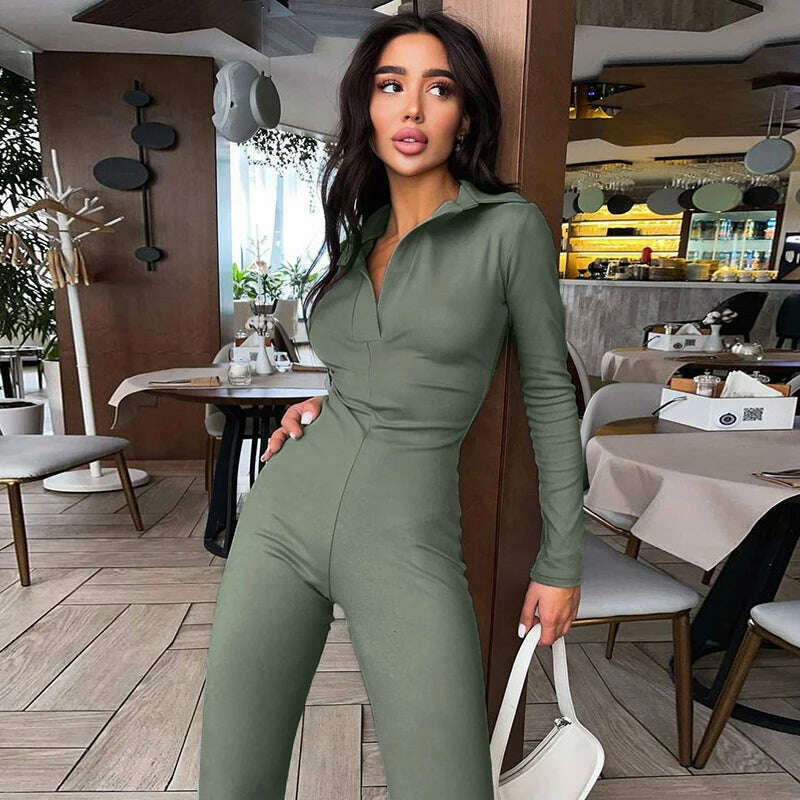 KIMLUD, hirigin 2022 Autumn Winter Women Solid Long Sleeve V Neck Flare Jumpsuit Sexy Streetwear Fitness Casual Sportswear Rompers, Army Green / S, KIMLUD Womens Clothes