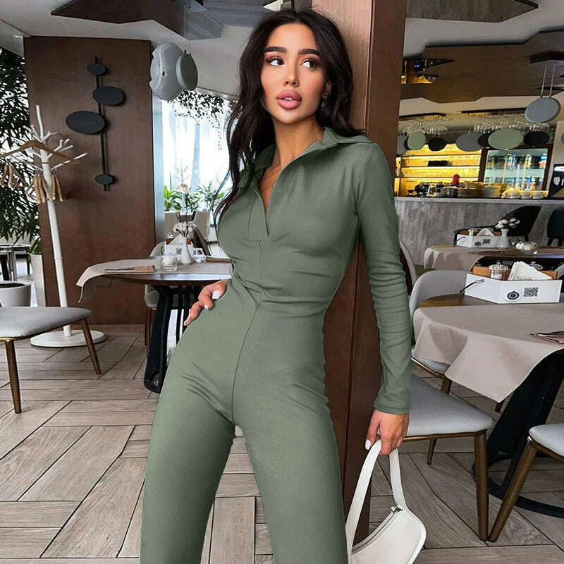 KIMLUD, hirigin 2022 Autumn Winter Women Solid Long Sleeve V Neck Flare Jumpsuit Sexy Streetwear Fitness Casual Sportswear Rompers, Army Green / S, KIMLUD APPAREL - Womens Clothes