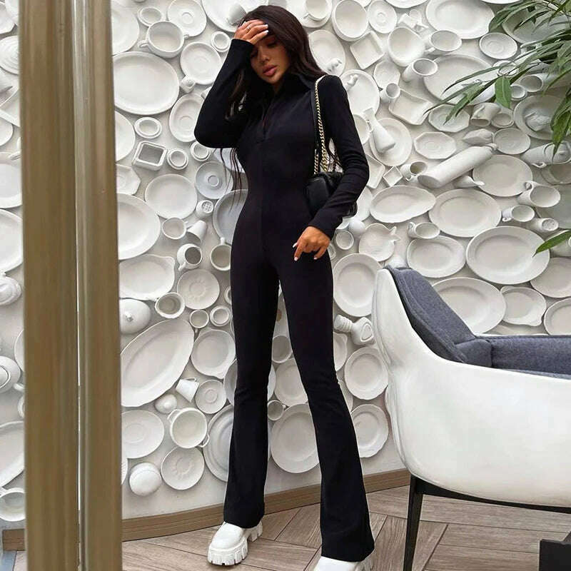 KIMLUD, hirigin 2022 Autumn Winter Women Solid Long Sleeve V Neck Flare Jumpsuit Sexy Streetwear Fitness Casual Sportswear Rompers, Black / S, KIMLUD APPAREL - Womens Clothes