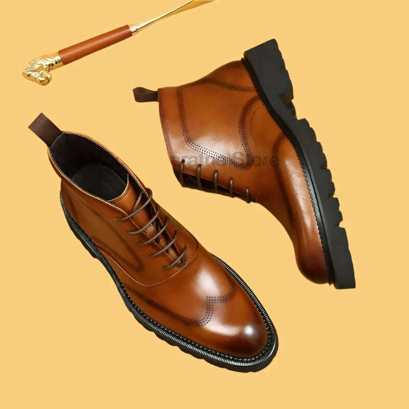 KIMLUD, HKDQ Fashion Men Vintage Boots Genuine Leather Brand Lace Up Men Ankle Boots Black Brown Mens Chelsea Boots For Work, KIMLUD Womens Clothes