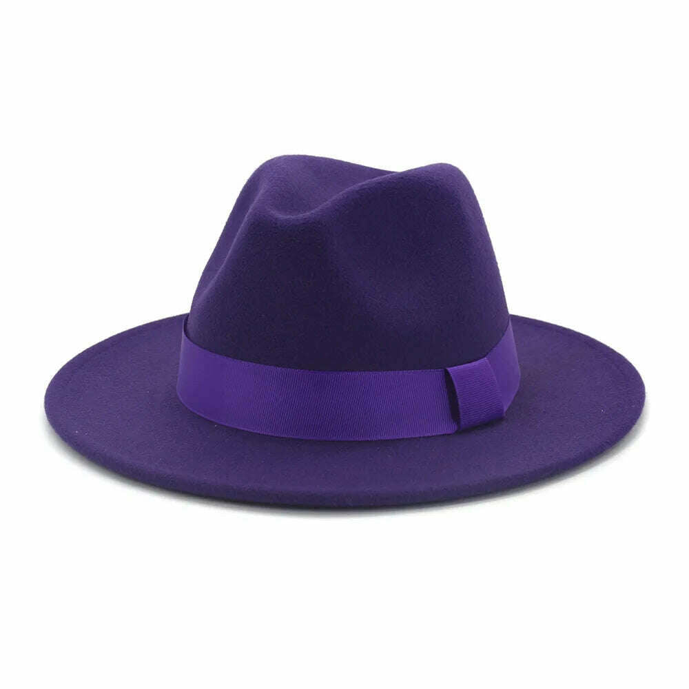 KIMLUD, HOAREE Purple Wool Felt Jazz Fedora Hats Men Women Wide Brim Sombrero British Style Trilby Formal Panama Cap Solid Dress Hat, Purple / 58cm, KIMLUD Womens Clothes