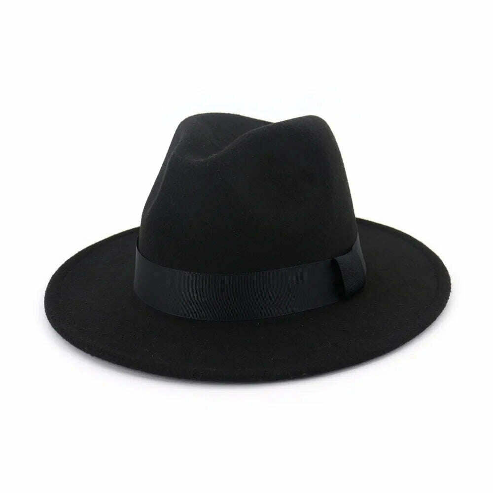 KIMLUD, HOAREE Purple Wool Felt Jazz Fedora Hats Men Women Wide Brim Sombrero British Style Trilby Formal Panama Cap Solid Dress Hat, Black / 58cm, KIMLUD Womens Clothes