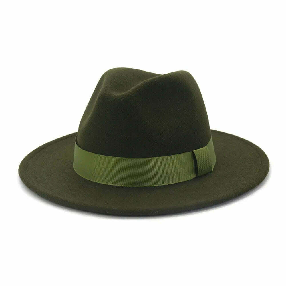 KIMLUD, HOAREE Purple Wool Felt Jazz Fedora Hats Men Women Wide Brim Sombrero British Style Trilby Formal Panama Cap Solid Dress Hat, Army Green / 58cm, KIMLUD Womens Clothes