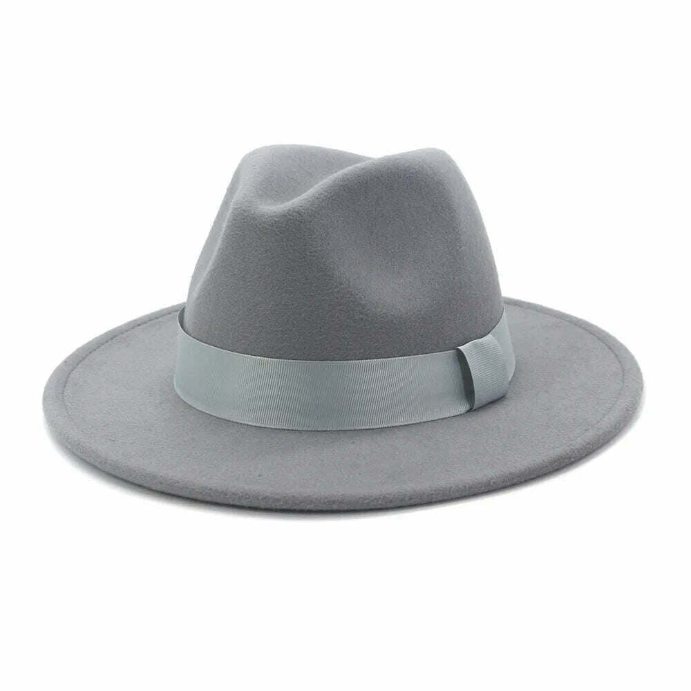 KIMLUD, HOAREE Purple Wool Felt Jazz Fedora Hats Men Women Wide Brim Sombrero British Style Trilby Formal Panama Cap Solid Dress Hat, Light Grey / 58cm, KIMLUD Womens Clothes