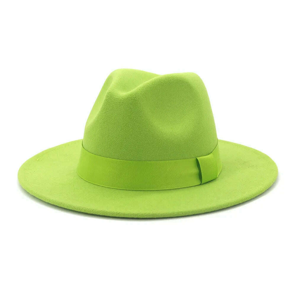 KIMLUD, HOAREE Purple Wool Felt Jazz Fedora Hats Men Women Wide Brim Sombrero British Style Trilby Formal Panama Cap Solid Dress Hat, fruit green / 58cm, KIMLUD Womens Clothes