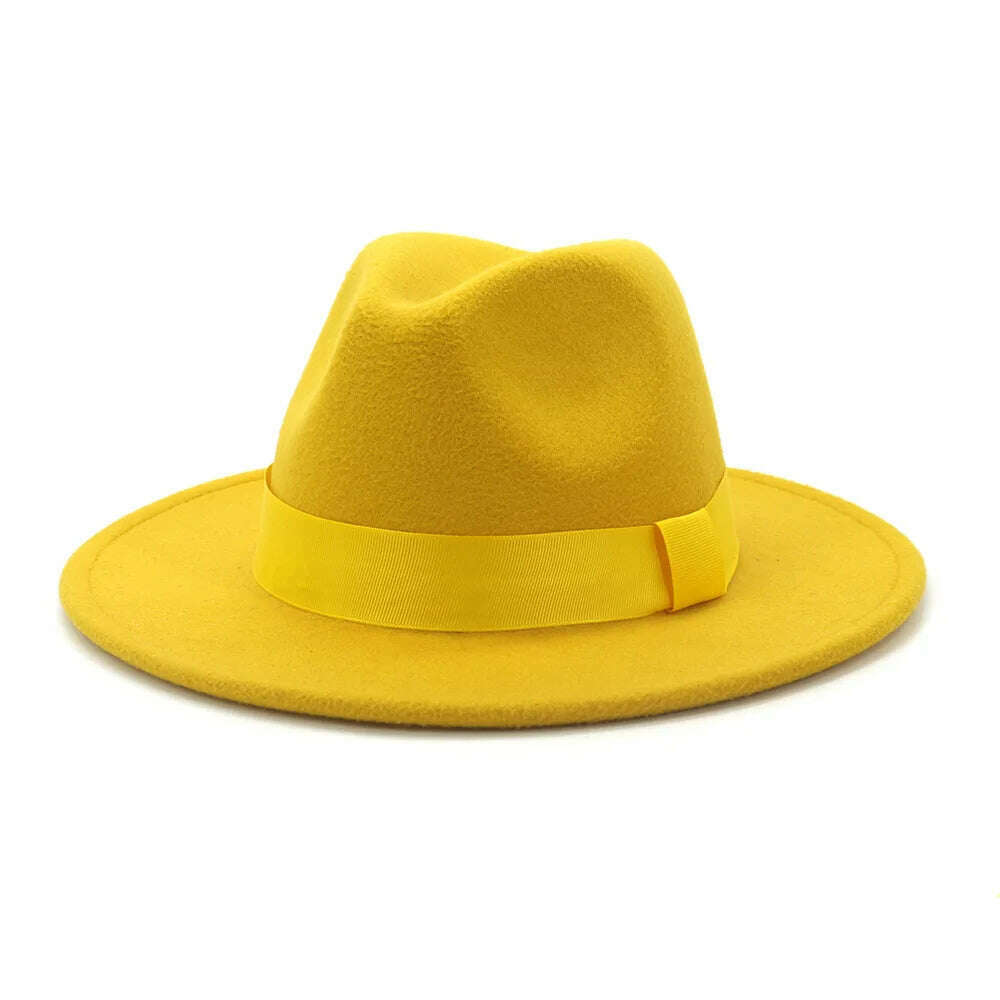 KIMLUD, HOAREE Purple Wool Felt Jazz Fedora Hats Men Women Wide Brim Sombrero British Style Trilby Formal Panama Cap Solid Dress Hat, Yellow / 58cm, KIMLUD Womens Clothes