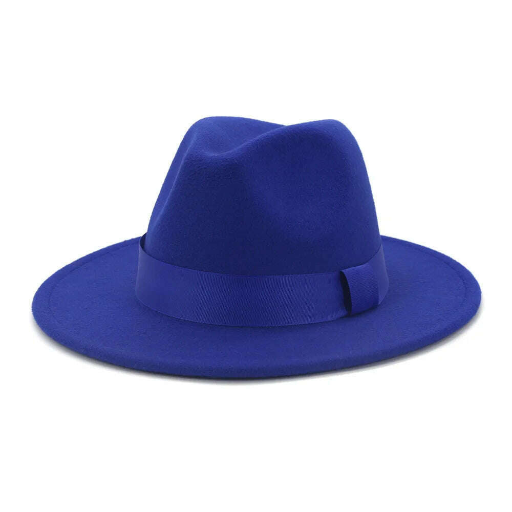 KIMLUD, HOAREE Purple Wool Felt Jazz Fedora Hats Men Women Wide Brim Sombrero British Style Trilby Formal Panama Cap Solid Dress Hat, Sapphire / 58cm, KIMLUD Womens Clothes