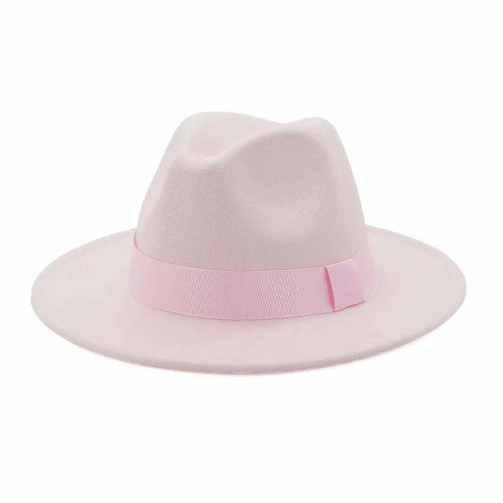 KIMLUD, HOAREE Purple Wool Felt Jazz Fedora Hats Men Women Wide Brim Sombrero British Style Trilby Formal Panama Cap Solid Dress Hat, Pink / 58cm, KIMLUD Womens Clothes