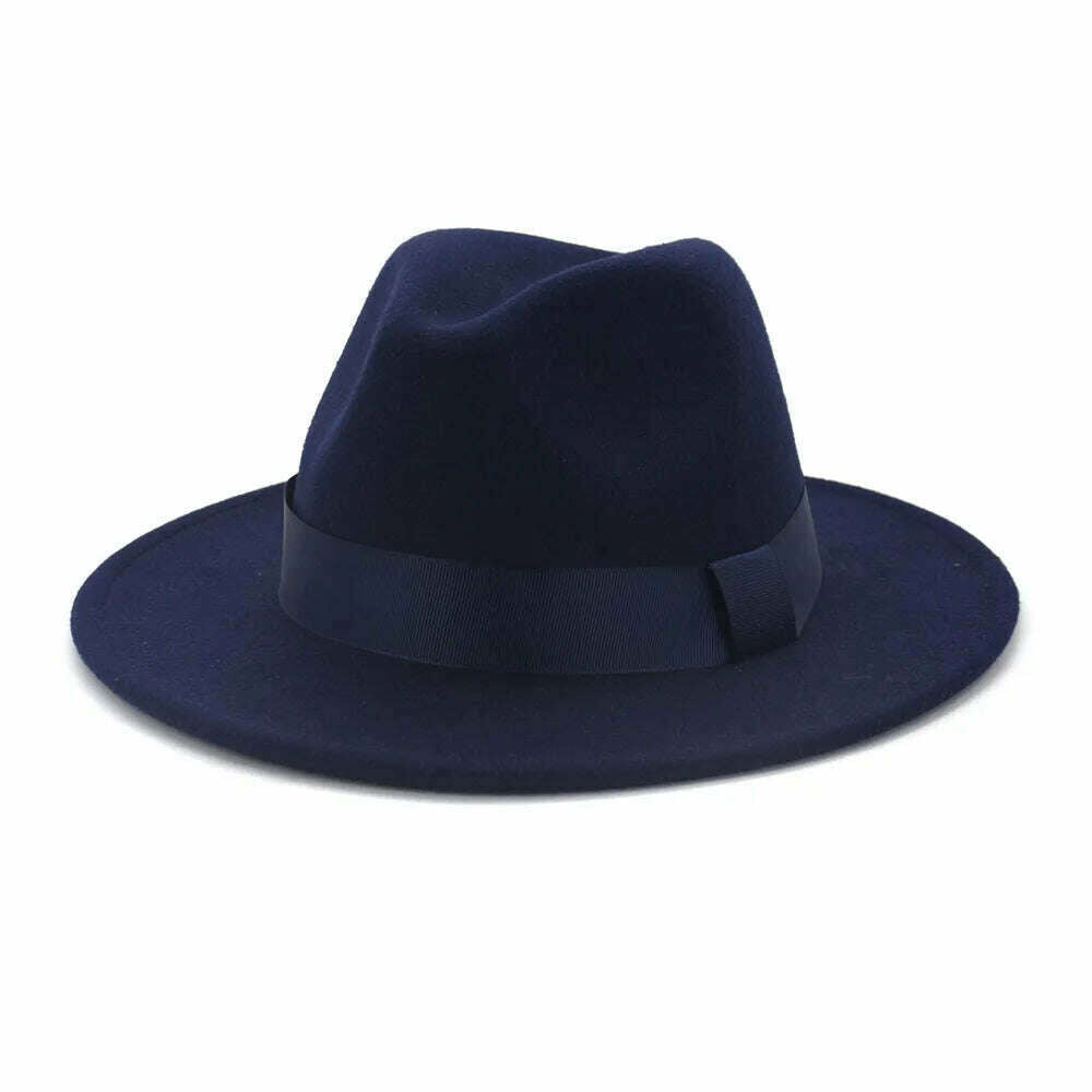 KIMLUD, HOAREE Purple Wool Felt Jazz Fedora Hats Men Women Wide Brim Sombrero British Style Trilby Formal Panama Cap Solid Dress Hat, Navy / 58cm, KIMLUD Womens Clothes