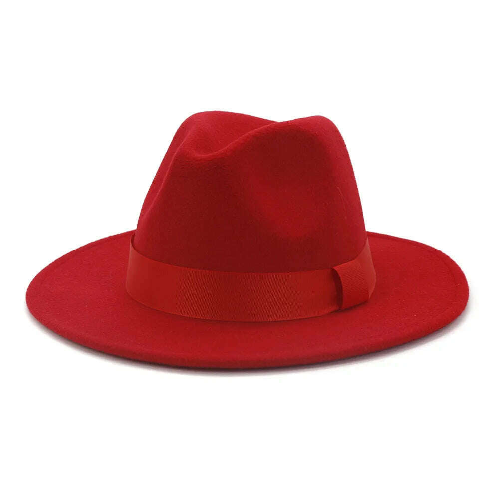 KIMLUD, HOAREE Purple Wool Felt Jazz Fedora Hats Men Women Wide Brim Sombrero British Style Trilby Formal Panama Cap Solid Dress Hat, Red / 58cm, KIMLUD Womens Clothes