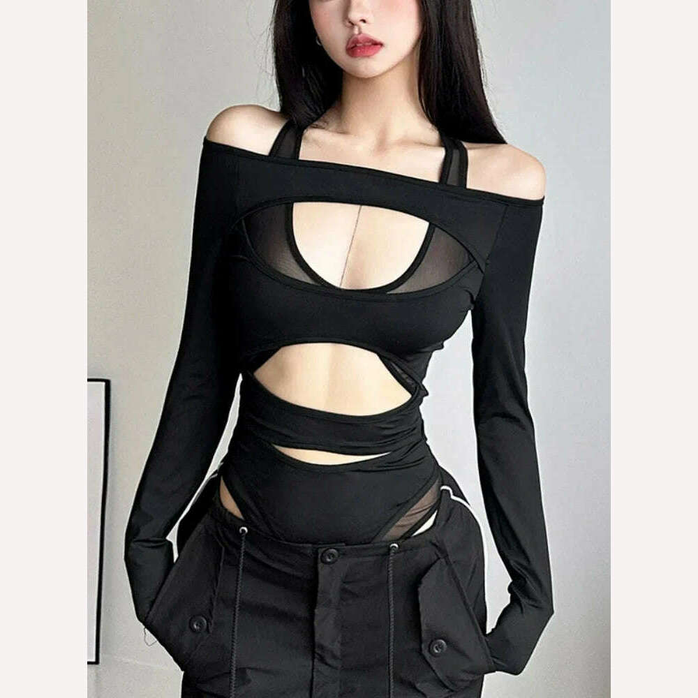 KIMLUD, Hollow Out Bodysuit Black Slim One-Pieces Body Feminino Sexy Corset Top Long Sleeve Bodys Para Mujer De Vestir Autumn Bustier, KIMLUD Womens Clothes