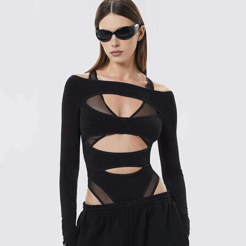 KIMLUD, Hollow Out Bodysuit Black Slim One-Pieces Body Feminino Sexy Corset Top Long Sleeve Bodys Para Mujer De Vestir Autumn Bustier, KIMLUD Womens Clothes