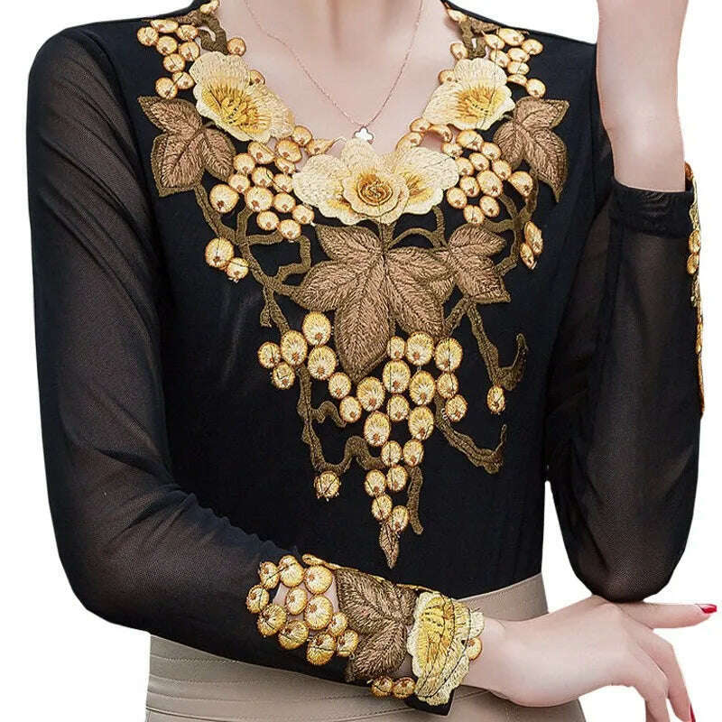 Hollow Out Elasticity Young Lady Fashion T Shirt Embroidery Golden Grape Summer Tees Perspective Mesh Long Sleeves Tops Female - KIMLUD
