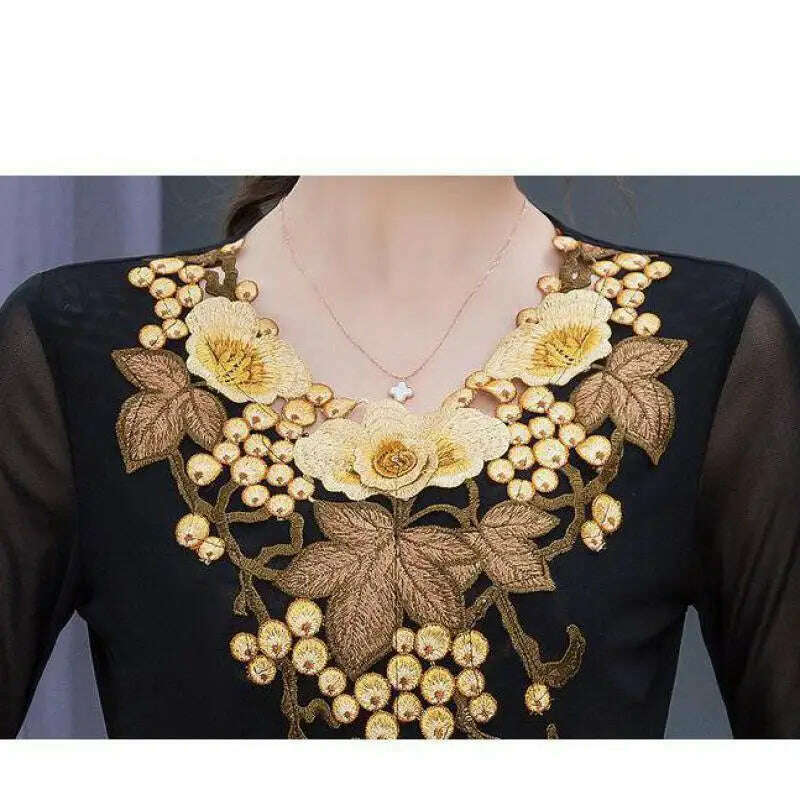 Hollow Out Elasticity Young Lady Fashion T Shirt Embroidery Golden Grape Summer Tees Perspective Mesh Long Sleeves Tops Female - KIMLUD