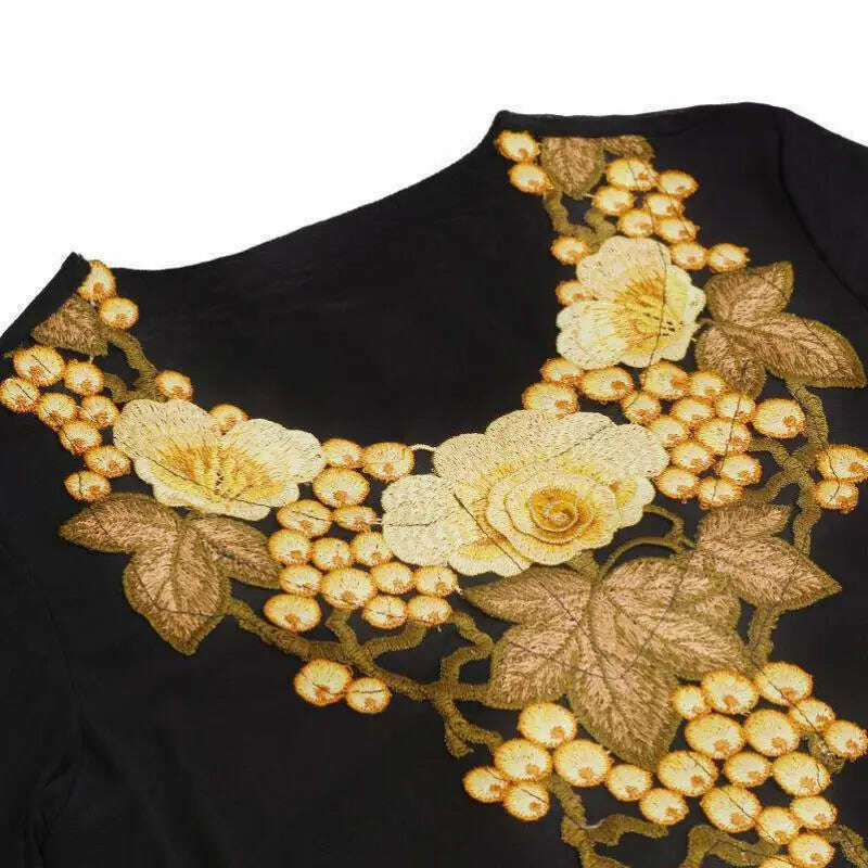 Hollow Out Elasticity Young Lady Fashion T Shirt Embroidery Golden Grape Summer Tees Perspective Mesh Long Sleeves Tops Female - KIMLUD
