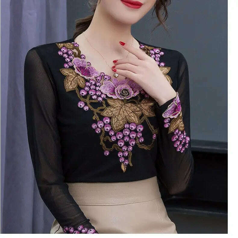 Hollow Out Elasticity Young Lady Fashion T Shirt Embroidery Golden Grape Summer Tees Perspective Mesh Long Sleeves Tops Female - KIMLUD