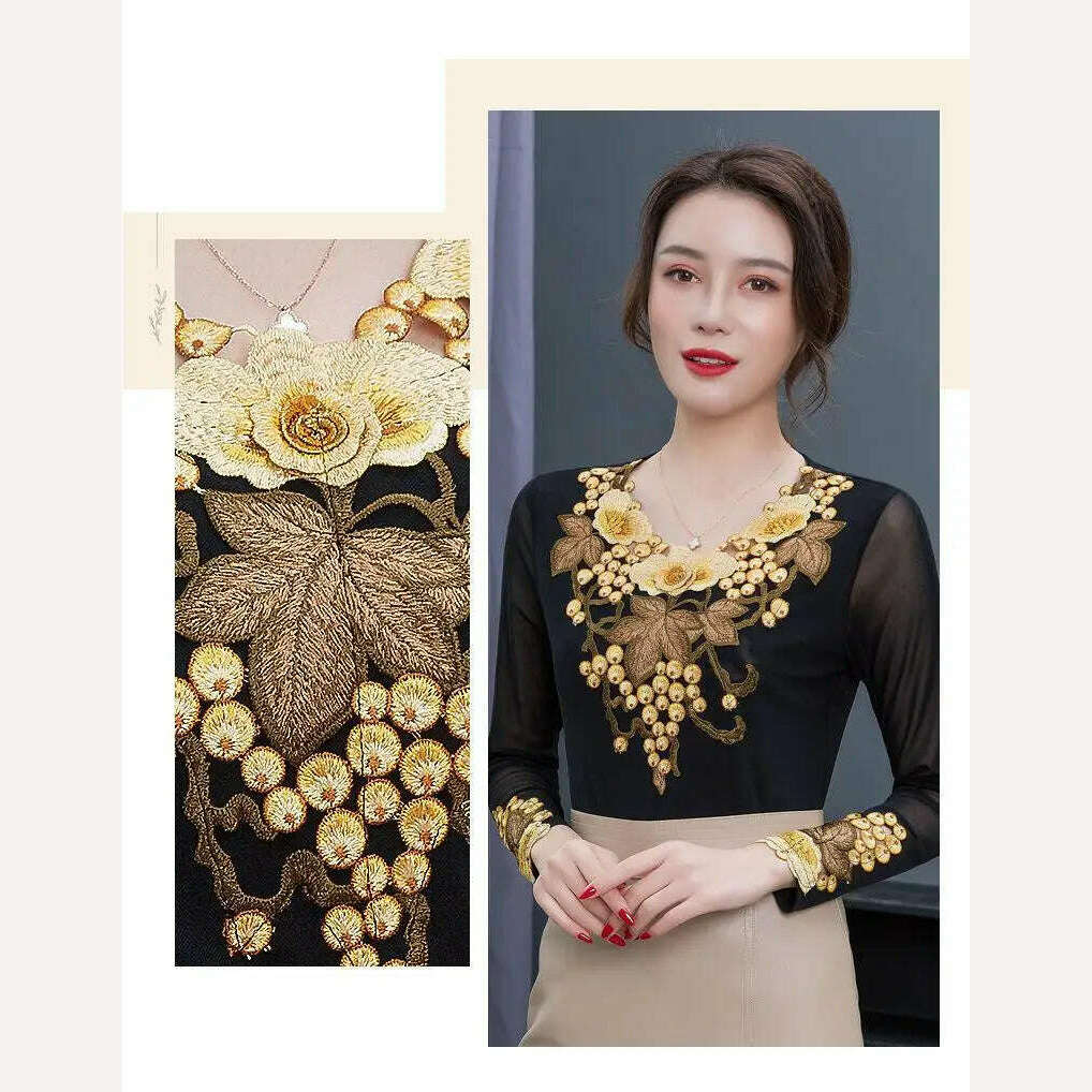 Hollow Out Elasticity Young Lady Fashion T Shirt Embroidery Golden Grape Summer Tees Perspective Mesh Long Sleeves Tops Female - KIMLUD