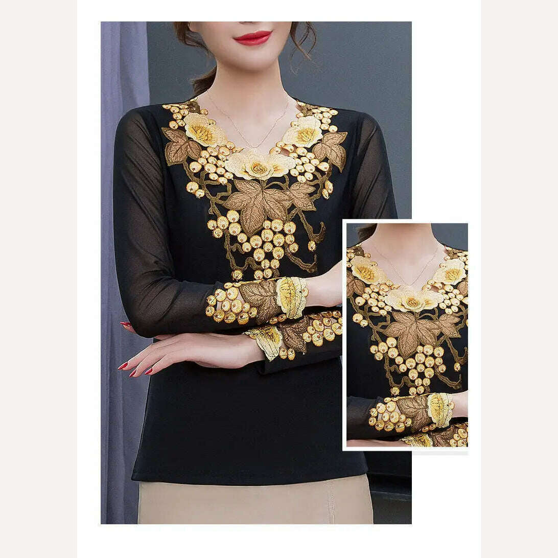 Hollow Out Elasticity Young Lady Fashion T Shirt Embroidery Golden Grape Summer Tees Perspective Mesh Long Sleeves Tops Female - KIMLUD