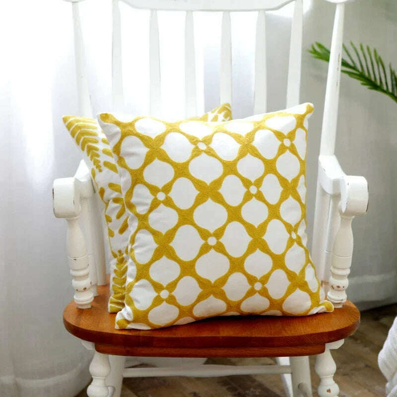 KIMLUD, Home Decor Embroidered Cushion Cover Yellow  Ginger/White Geometric Floral Canvas Cotton Square Embroidery Pillow Cover 45x45cm, KIMLUD Womens Clothes