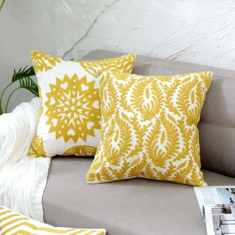 KIMLUD, Home Decor Embroidered Cushion Cover Yellow  Ginger/White Geometric Floral Canvas Cotton Square Embroidery Pillow Cover 45x45cm, KIMLUD Womens Clothes