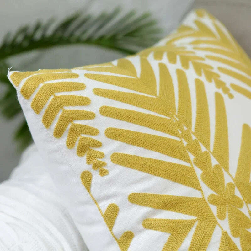 KIMLUD, Home Decor Embroidered Cushion Cover Yellow  Ginger/White Geometric Floral Canvas Cotton Square Embroidery Pillow Cover 45x45cm, KIMLUD Womens Clothes