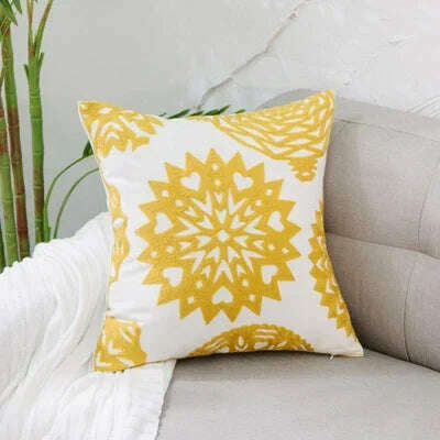 KIMLUD, Home Decor Embroidered Cushion Cover Yellow  Ginger/White Geometric Floral Canvas Cotton Square Embroidery Pillow Cover 45x45cm, A, KIMLUD Womens Clothes