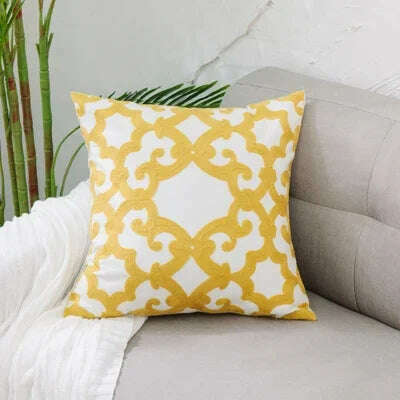 KIMLUD, Home Decor Embroidered Cushion Cover Yellow  Ginger/White Geometric Floral Canvas Cotton Square Embroidery Pillow Cover 45x45cm, B, KIMLUD Womens Clothes